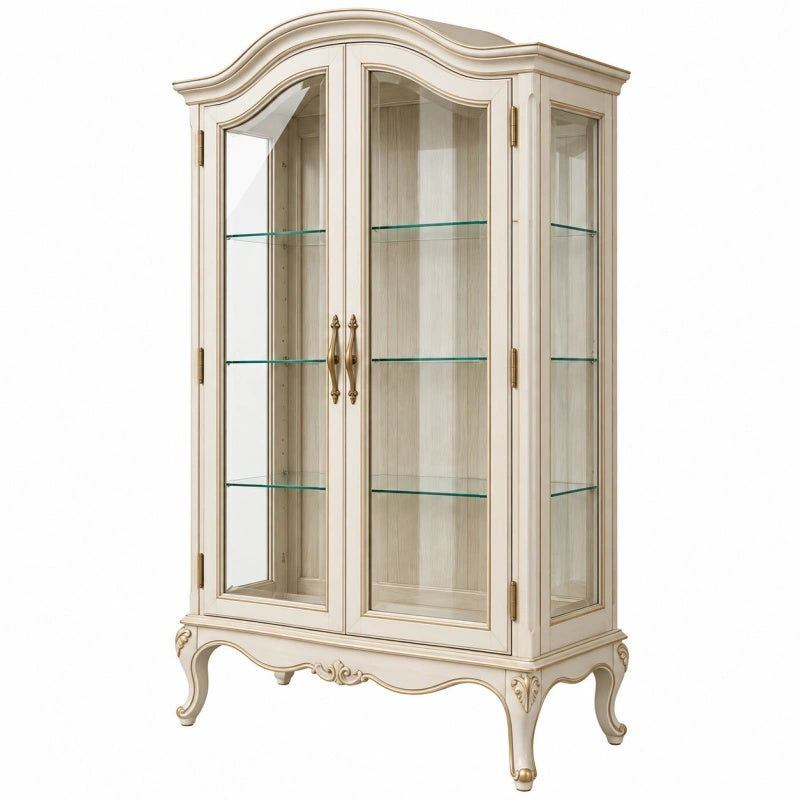 Vitrine 100 x 45 x 190 cm aus Holz und Glas in Creme klassischer Stil mit Glastüren - Varzenix