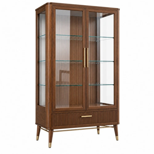 Vitrine 90 x 40 x 180 cm Holz Glas Braun mit Schublade im Mid-Century-Stil - Varzenix