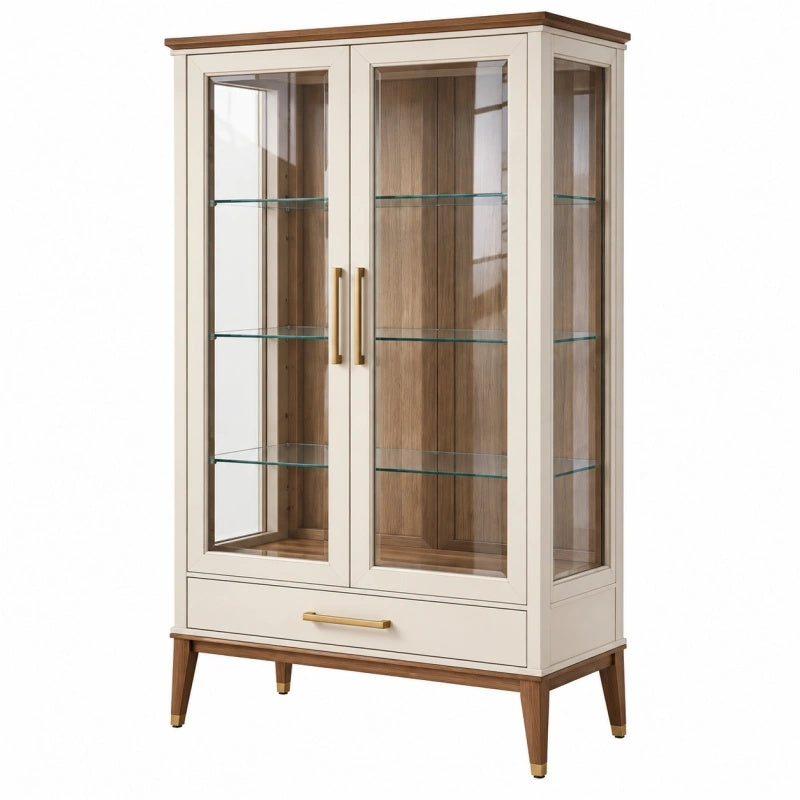 Vitrine 90 x 40 x 180 cm Holz Cremebraun mit Glastüren und Schublade - Varzenix
