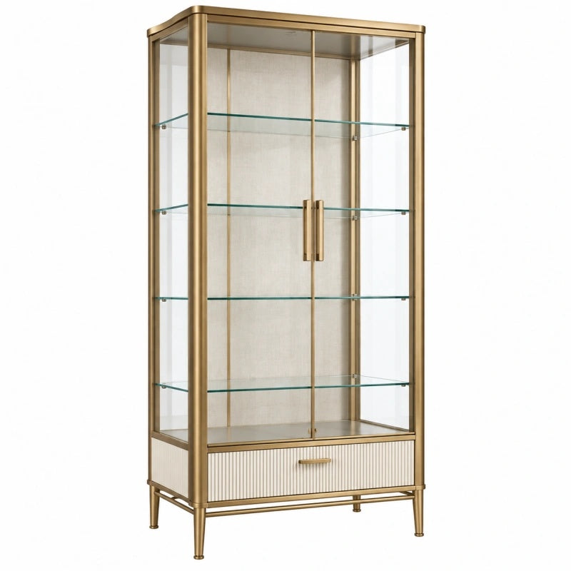 Vitrine 90 x 40 x 180 cm aus Metall und Glas Gold mit 2 Türen und Schublade - Varzenix