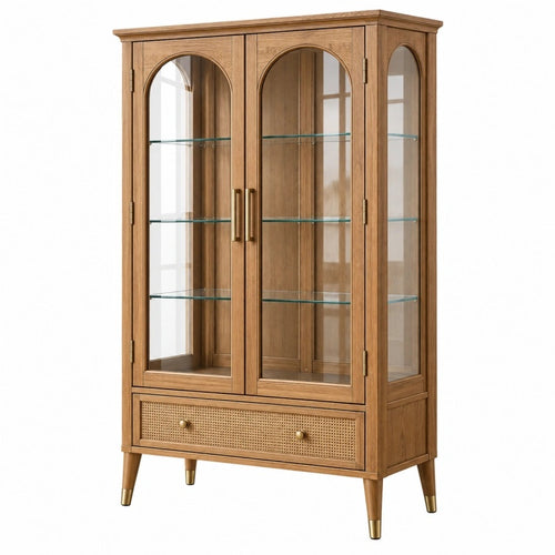 Vitrine 90 x 40 x 180 cm aus Holz in Braun mit Glastüren und Schublade - Varzenix