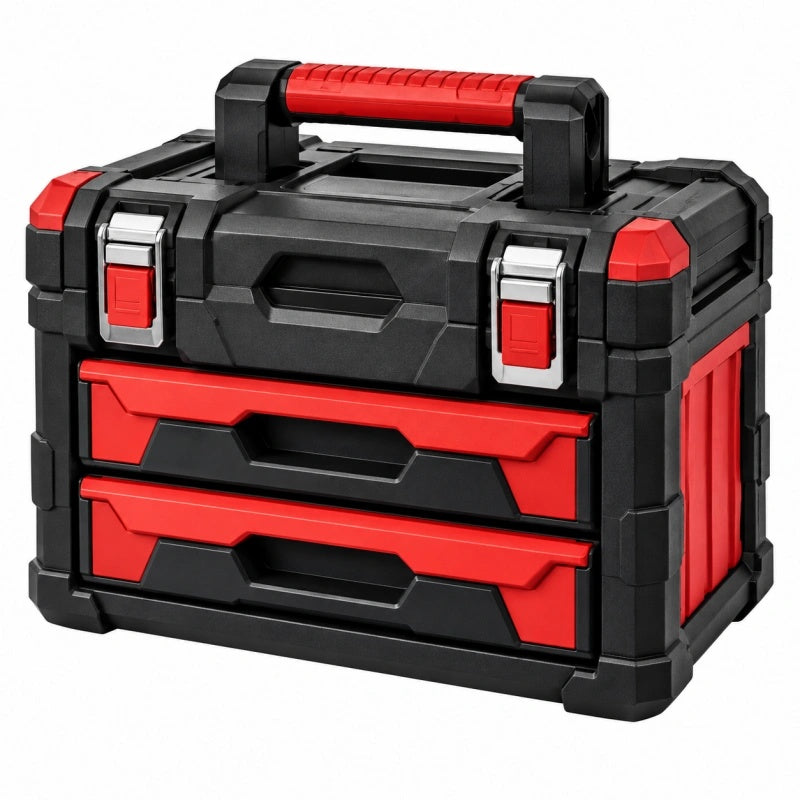 Werkzeugkasten 45 x 25 x 32 cm Kunststoff Schwarz Rot mit 2 Schubladen und Tragegriff - Varzenix
