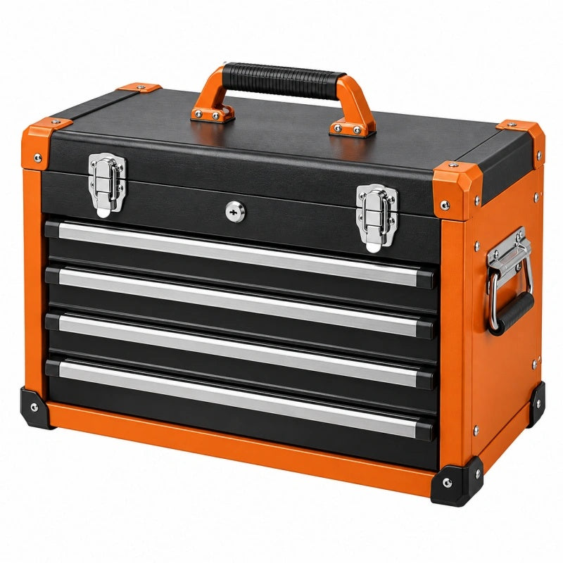 Werkzeugkoffer 52 cm Stahl Schwarz Orange mit 4 Schubladen und Tragegriff - Varzenix