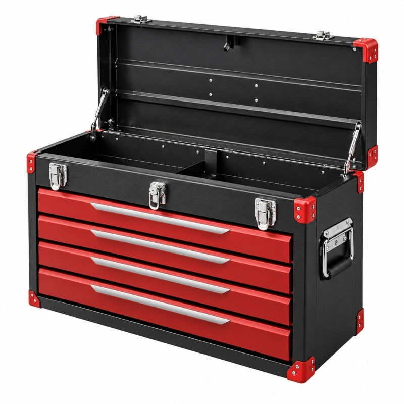 Werkzeugkiste 60 x 26 x 34 cm aus Stahl Schwarz Rot mit 4 Schubladen und Tragegriff - Varzenix