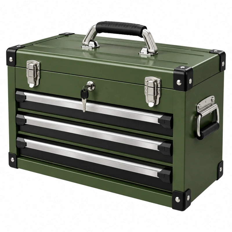 Werkzeugkoffer 52 x 26 x 32 cm aus Metall in Grün mit 3 Schubladen und Schloss - Varzenix