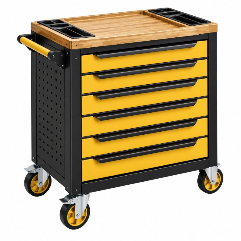 Werkzeugwagen 75 x 40 x 95 cm aus Stahl Gelb Schwarz mit Holzarbeitsplatte und 6 Schubladen - Varzenix