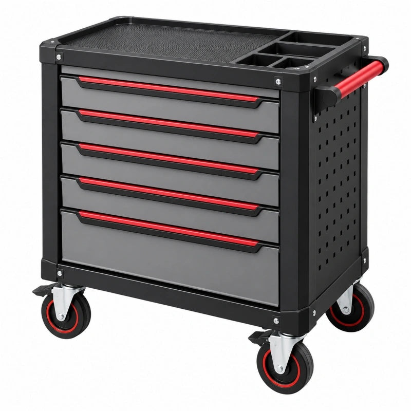 Werkzeugwagen 78 x 46 x 96 cm Stahl Schwarz Rot mit 5 Schubladen und Rollen - Varzenix