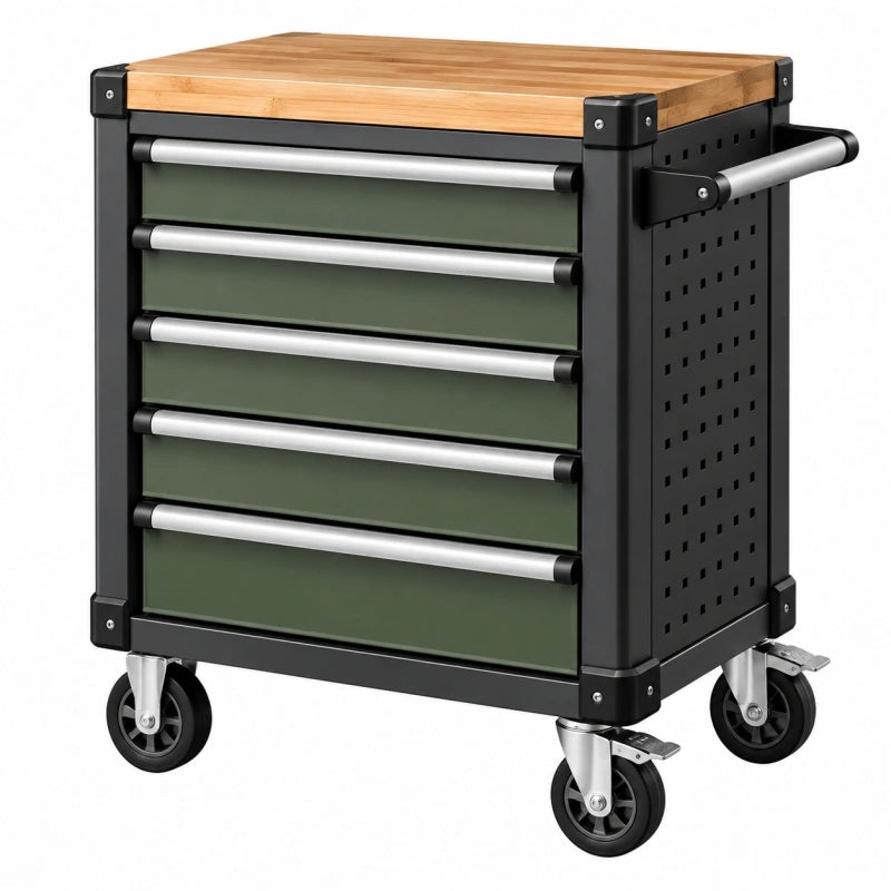 Werkzeugwagen 77 x 46 x 95 cm Stahl Bambus Grün Schwarz mit 5 Schubladen rollbar - Varzenix