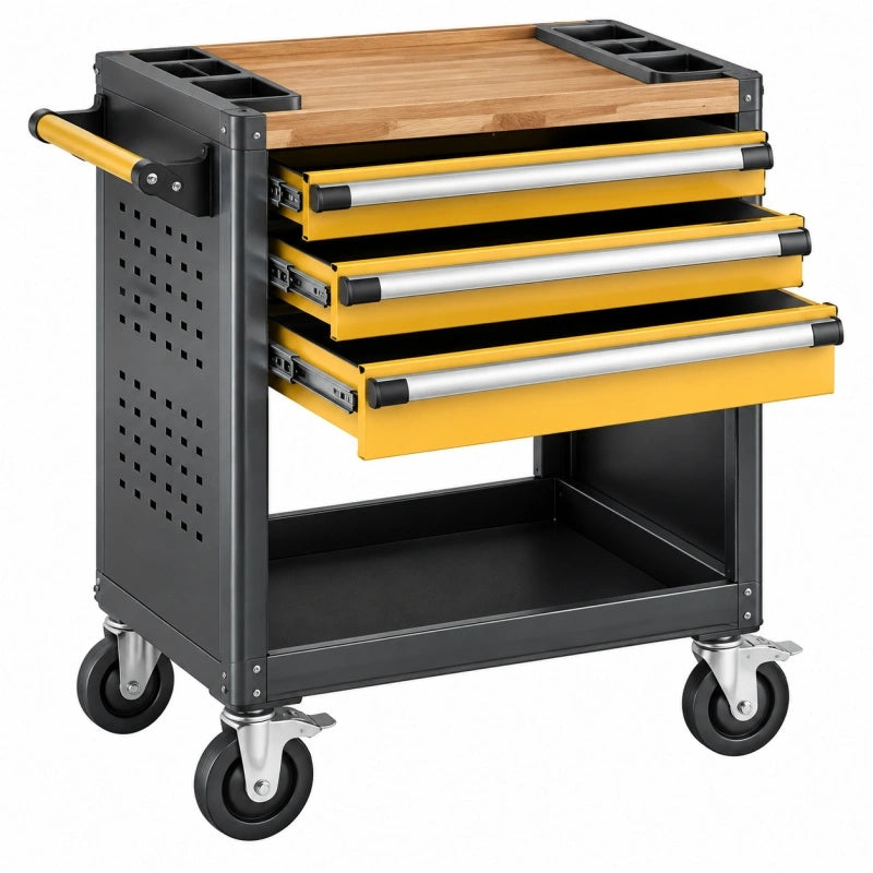 Werkstattwagen 78 x 46 x 96 cm aus Stahl Schwarz Gelb mit 3 Schubladen und Holzarbeitsplatte - Varzenix