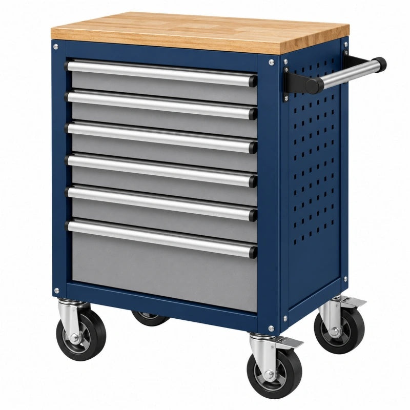 Werkzeugwagen 77 x 46 x 97 cm Stahl Blau mit Holzarbeitsplatte mobil - Varzenix