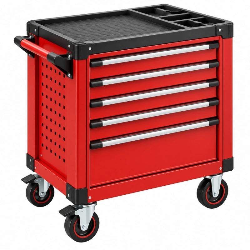 Werkzeugwagen 77 x 46 x 97 cm aus Metall Rot mit 5 Schubladen und Rollen - Varzenix
