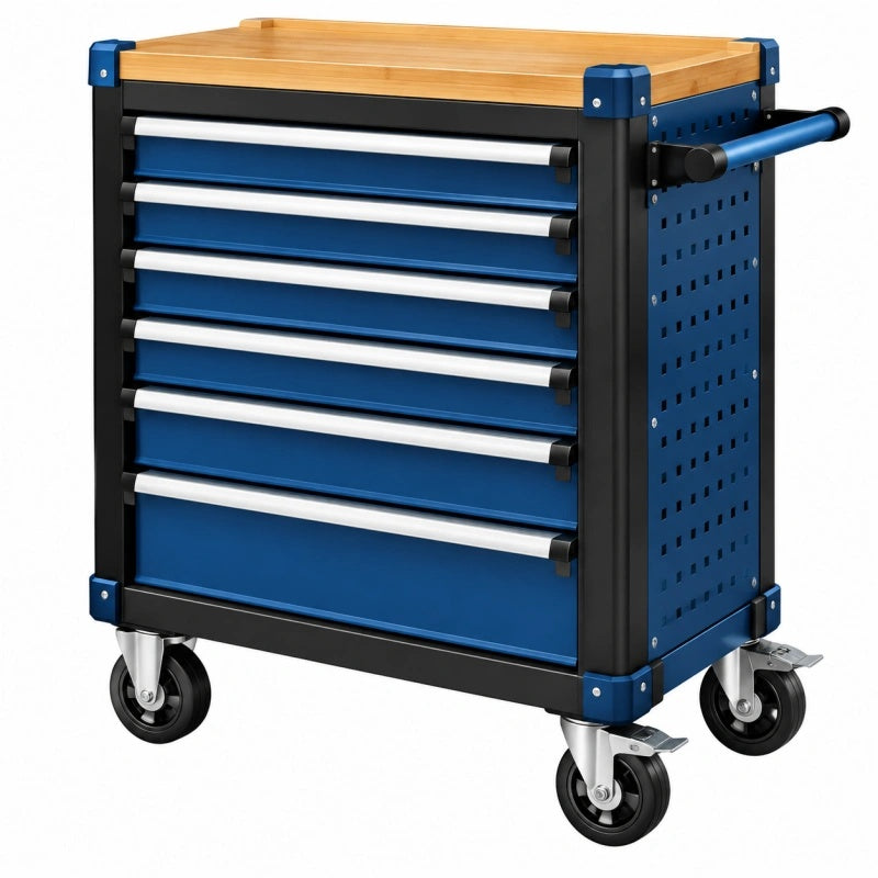 Werkzeugwagen 77 x 46 x 97 cm aus Stahl Blau Schwarz mit Holzarbeitsplatte und 7 Schubladen - Varzenix