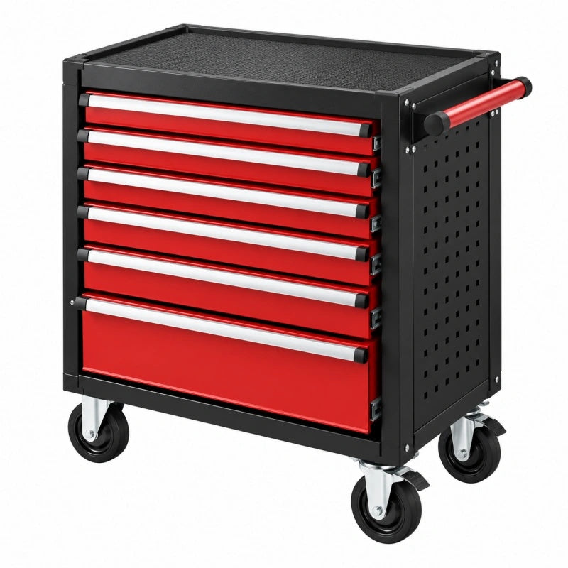Werkzeugwagen 77 x 46 x 97 cm Stahl Rot Schwarz mit 7 Schubladen fahrbar - Varzenix