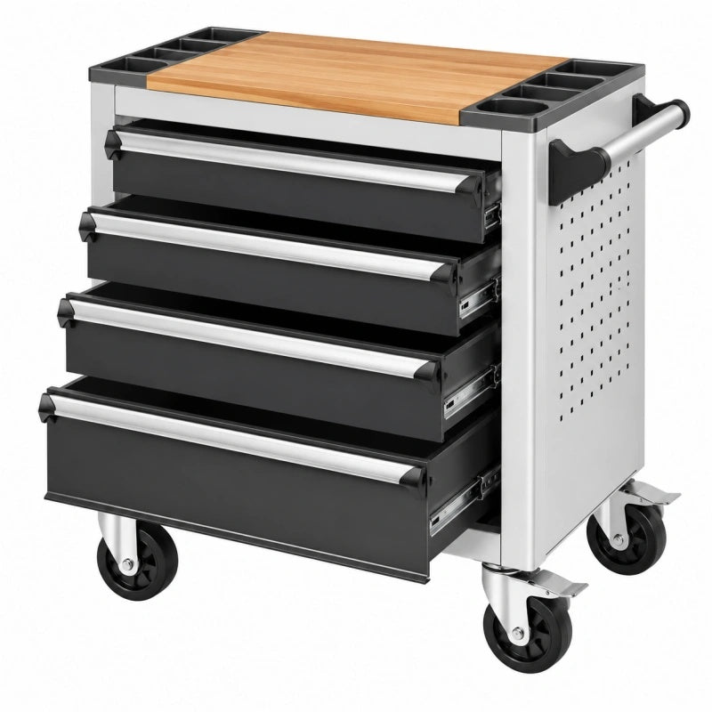 Werkzeugwagen 77 x 46 x 97 cm aus Stahl schwarz silber mit Holzarbeitsplatte und 5 Schubladen - Varzenix