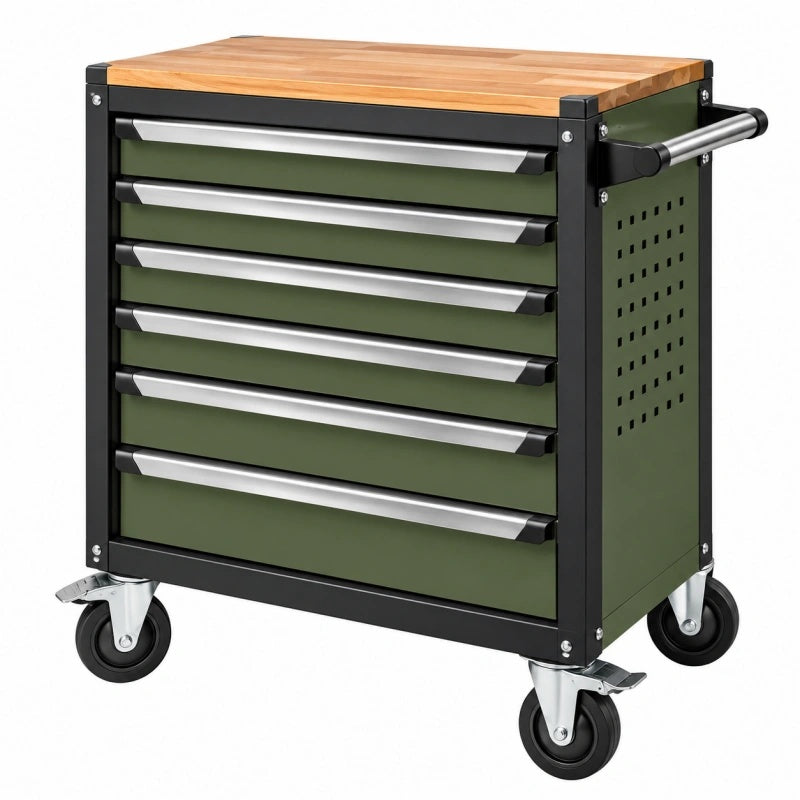 Werkzeugwagen 77 x 46 x 97 cm Stahl Grün Schwarz mit Holzarbeitsplatte und 7 Schubladen - Varzenix