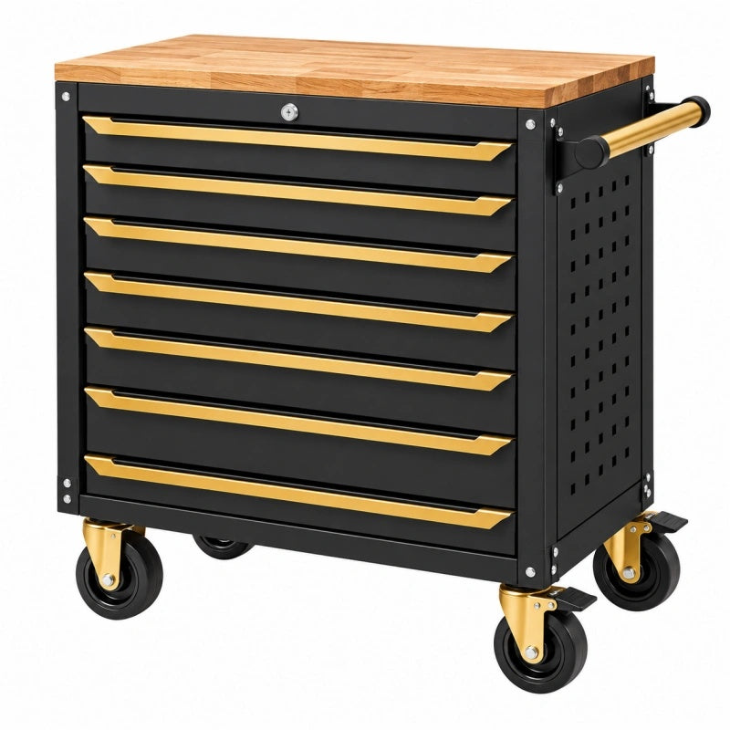 Werkzeugwagen 77 x 46 x 97 cm aus Stahl und Holz Schwarz Gold mit 7 Schubladen - Varzenix